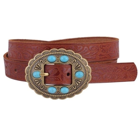 NWT MOST WANTED Leather Turquoise Stone Western Tooled Belt Size Lar… - Picture 2 of 6
